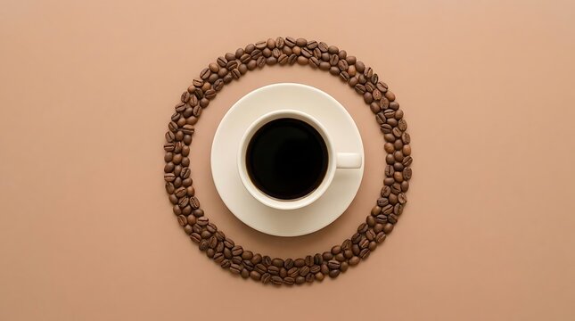 Hot coffee cup and beans arranged in circular pattern