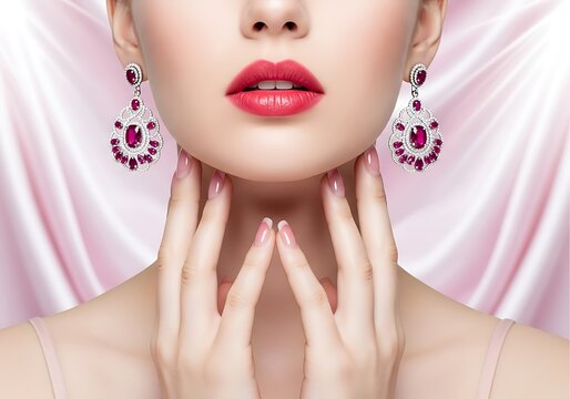 Close up of woman wearing elegant ruby earrings