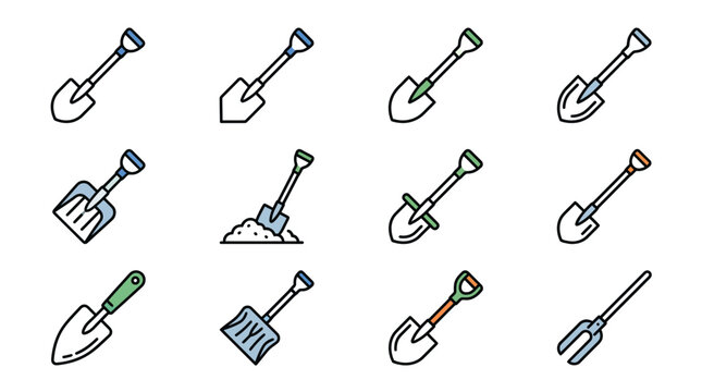 Corporate Set of Diverse Shovels and Garden Tools with Color Variations for Marketing and Presentation