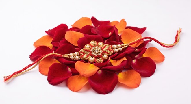 Red and orange rose petals arranged in a circle with a decorative rakhi bracelet featuring gold embroidery, beads, and a central stone placed on against a white background