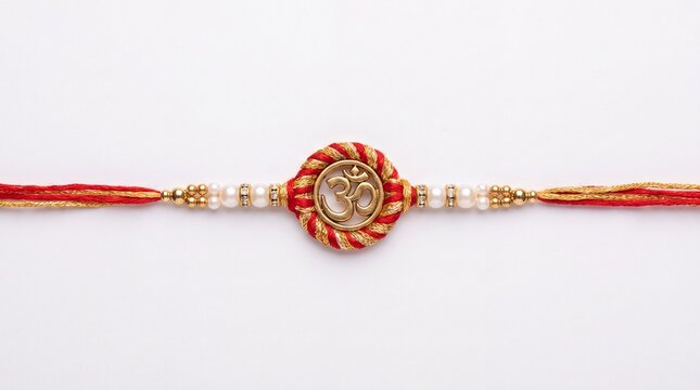Traditional rakhi bracelet featuring a gold om symbol, surrounded by red and gold twisted thread, white pearls, and metallic beads, isolated on a plain white background
