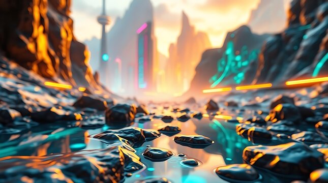 futuristic cyberpunk cityscape with neon lights and mountain background