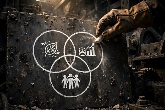 Chalk Drawn ESG Sustainability Venn Diagram Conceptual Framework on Industrial Metal Background for Corporate Governance Analysis