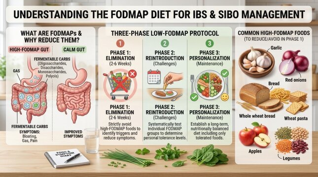 Comprehensive medical infographic poster detailing low FODMAP diet food protocol formats for IBS and SIBO gastrointestinal management