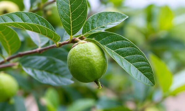 Young monkey guava fruit attached to branch in vibrant green