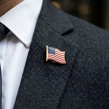 american flag pin on business suit lapel