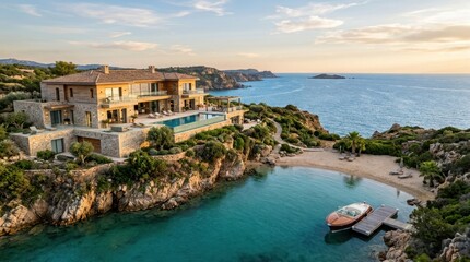 Fototapeta premium Luxury villa with infinity pool overlooking a serene bay and the Mediterranean Sea