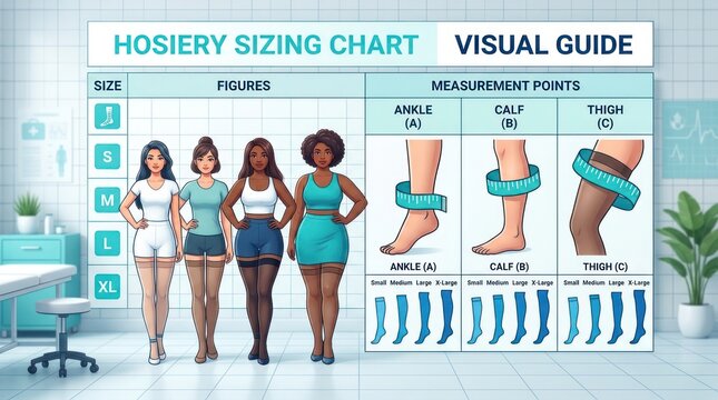 Hosiery sizing chart visual guide with diverse figures and measurement points for accurate fitting