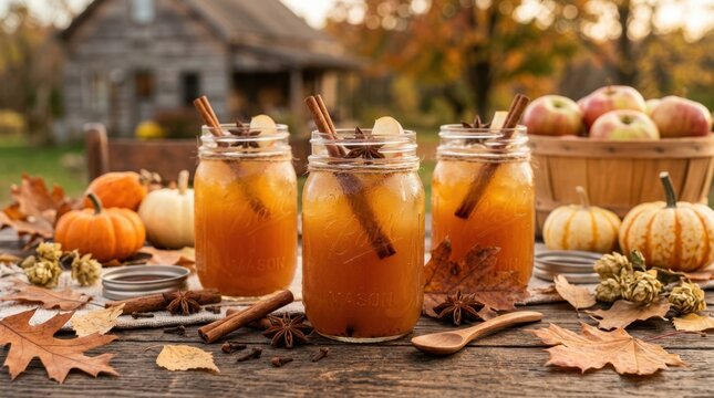 Cozy autumn harvest drinks with cinnamon sticks and star anise in mason jars