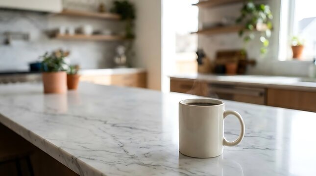 Modern kitchen island with coffee mug and plants in soft natural light