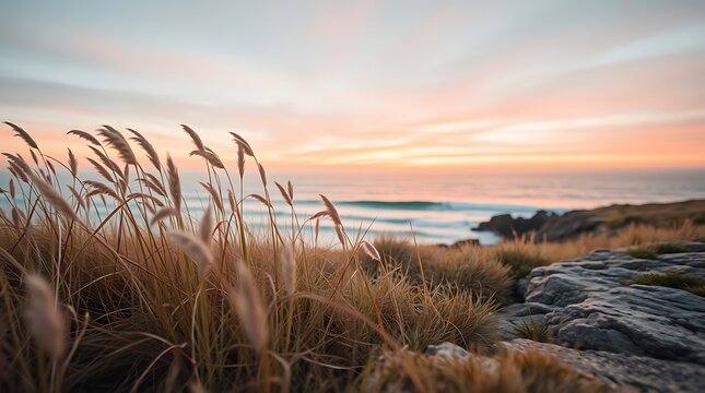 sunset over the ocean seen through wild coastal grass