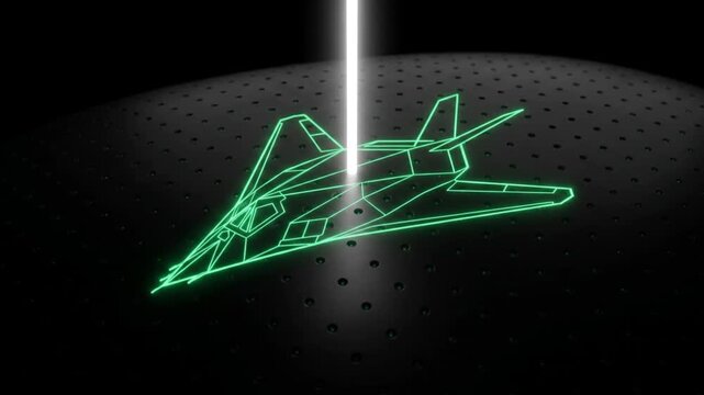 黒背景で量子照明のレーザー光がステルス機体の輪郭を抽出する抽象的な科学CG映像