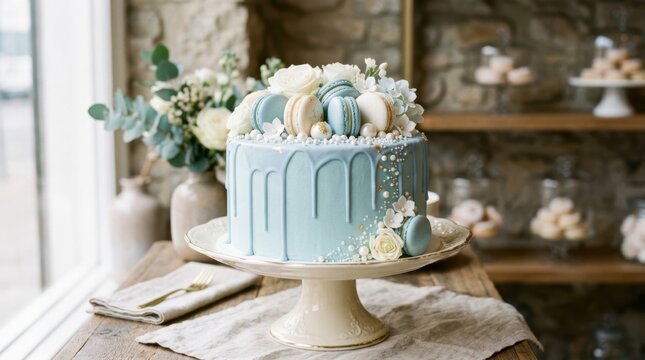 Elegant blue drip cake adorned with macarons and fresh flowers for celebration