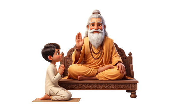 Young boy kneeling and praying before a wise guru isolated on transparent background