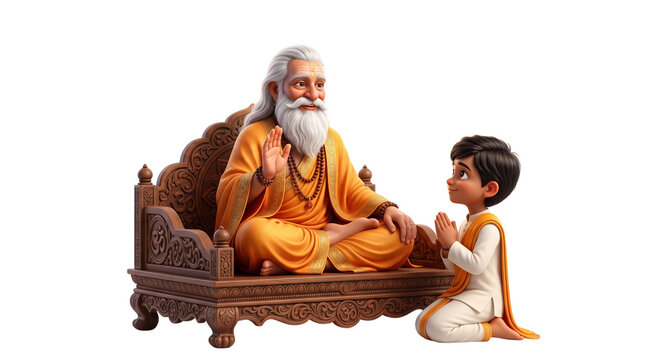 Young boy kneeling and praying before a wise guru isolated on transparent background