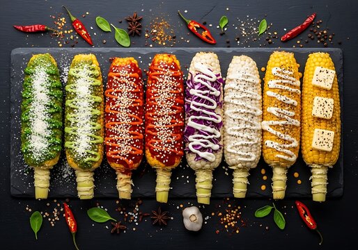 Assorted Mexican Street Corn With Colorful Different Toppings