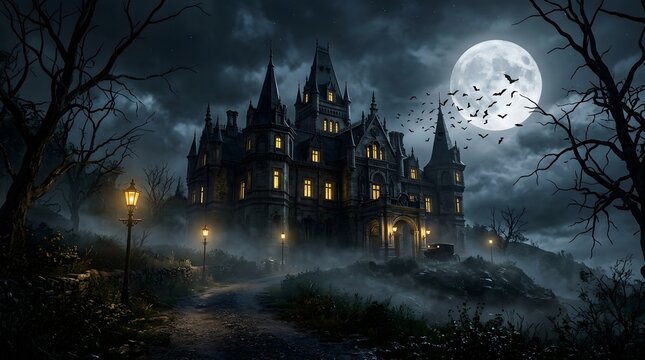 Dark gothic manor with bats flying under full moon on a foggy night