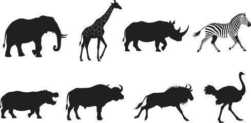 Silhouette Collection of African Wildlife Including Elephant, Giraffe, Rhino, Zebra and Ostrich © HASINA
