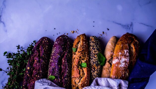 assorted artisan bread loaves with herbs on marble background
