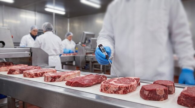 Meat processing plant worker checks temperature of raw meat cuts on conveyor belt