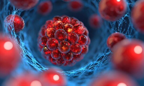 Cancer cell cluster illustration microscopic view of malignant tumor growth and cellular proliferation