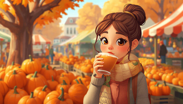 Cute cartoon girl drinking pumpkin spice latte at local autumn farm market