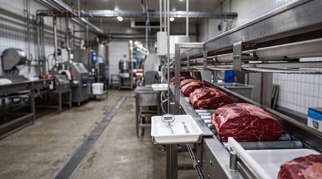 Raw beef primal cuts move along a conveyor belt in a sterile processing facility