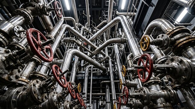 Intricate network of industrial pipes and valves with a complex maze of metal tubing