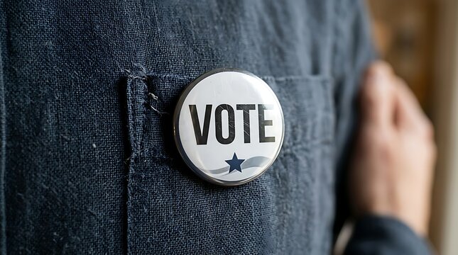 person wearing vote button on denim jacket