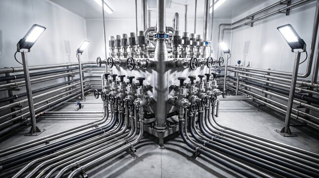 Complex industrial piping system with valves and pumps in a sterile environment