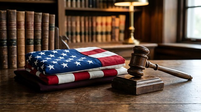 american flag with gavel on wooden desk in courtroom