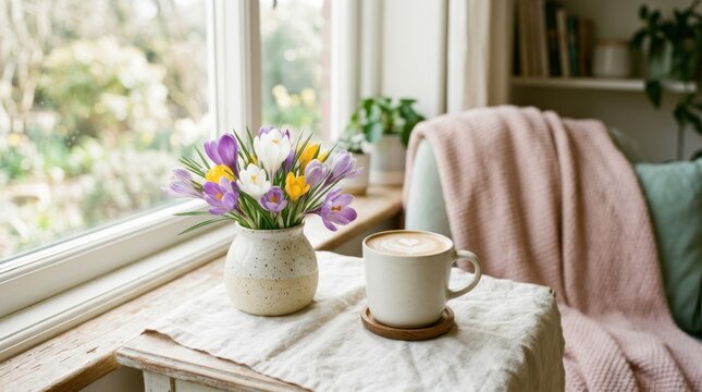 Cozy morning scene with crocus flowers and latte by the window
