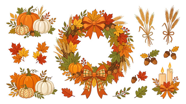 Autumnal wreath arrangement with pumpkins and leaves on a table indoors