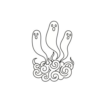 Three cartoon ghosts rising from stylized clouds