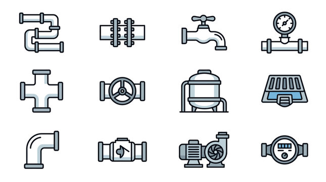 Industrial Plumbing and Hydraulic Equipment Icons Set Minimalist Line Art Collection of Pipes Valves and Gauges