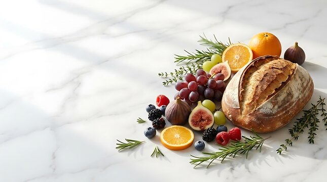 Fresh harvest assortment of fruits and crusty bread on marble surface