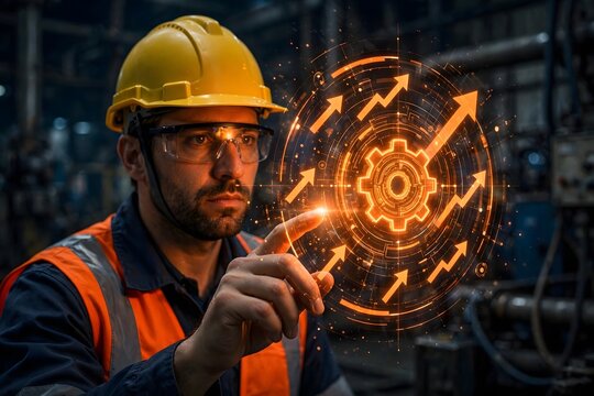 Industrial Engineer Utilizing Advanced Digital Augmented Reality Interface for Manufacturing Process Optimization and Efficiency Growth