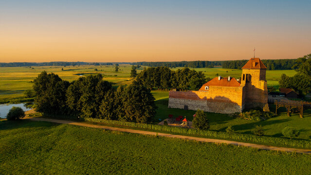 Medieval castle and Liwiec river in Liw, village in Wegrow County, Masovia region of Poland.