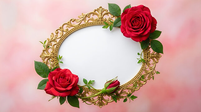 Red roses in decorative gold heart frame on pink background