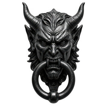 Gothic metal door knocker shaped like a horned isolated on transparent background