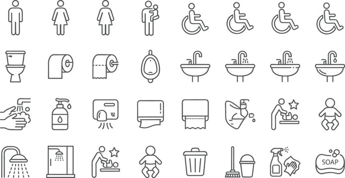 Clean line icon set depicting bathroom facilities for individuals and accessibility needs on white