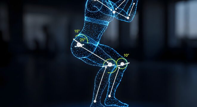 Biomechanical motion analysis of digital female athlete performing a squat exercise.