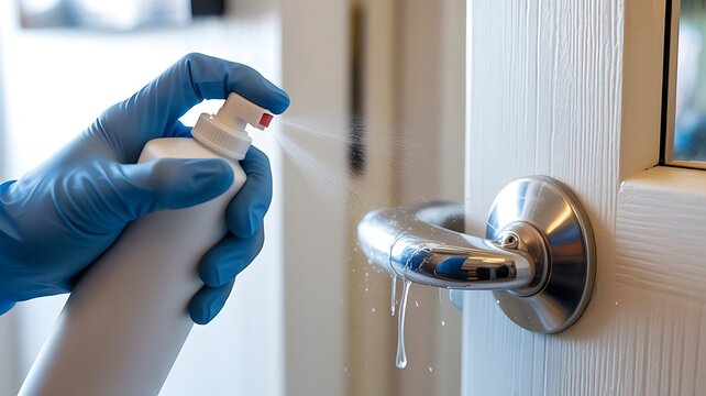 Person wearing blue protective gloves spraying disinfectant onto a metal door handle to sanitize surfaces and prevent the spread of germs at home