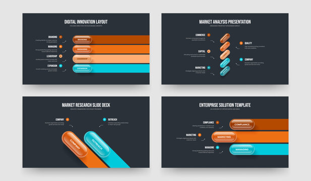 Creative Launch 4 5 2 3 Option Diagram Slide Layout Bundle. Project Analysis Four Five Two Three Element Infographic Slideshow Template Vector Illustration Collection.