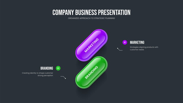 Corporate Report 2 Element Infographic Frame Layout. Advertising Introduction Two Step Diagram Slide Template. Professional Strategy Slideshow Design Vector Illustration.