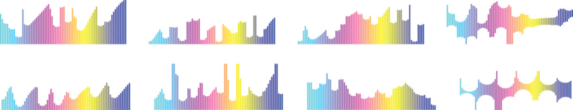 Abstract Colorful equalizer Rainbow City Skyline Background Vector Illustration with Urban Silhouette Skyscrapers Modern Architecture Panorama Blue Sky Business Design