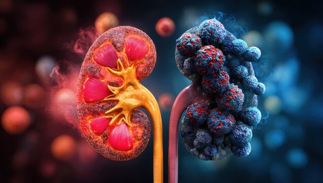 Healthy kidney vs diseased kidney illustration renal failure and organ damage visualization