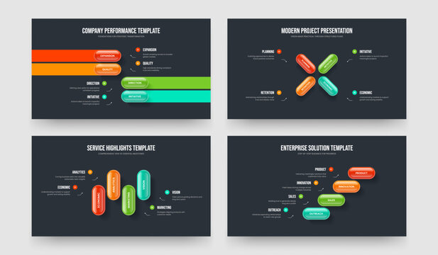 Service Briefing 4 Option Diagram Presentation Layout Set. Marketing Proposal Four Element Infographic Frame Template Vector Illustration Collection.