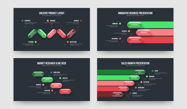 Consulting Plan Five Three Four Step Diagram Slide Template Vector Illustration Set. Creative Briefing 5 3 4 Option Infographic Slideshow Design Collection.