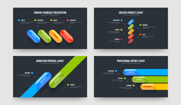 Professional Growth 4 5 2 3 Element Diagram Slideshow Layout Set. Project Showcase Four Five Two Three Step Infographic Presentation Template Vector Illustration Collection.